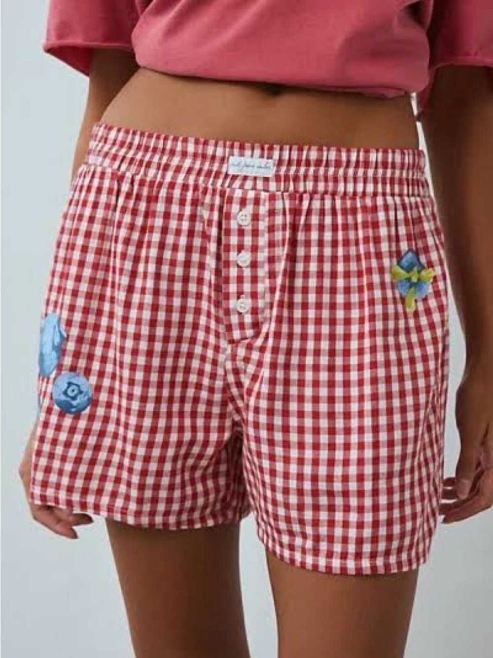 Urban Outfitters Red and White Gingham Cotton Pajama Shorts with Floral Appliqué
